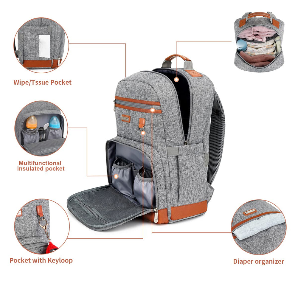 BILLITON MASHI diaper bag interior with 10 pockets keeps baby essentials neatly organized.