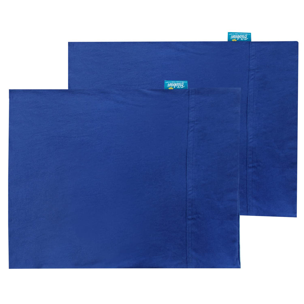 Biloban 2-pack navy pillowcases on pillows, demonstrating versatile fit for 13x18 or 14x19 sizes.