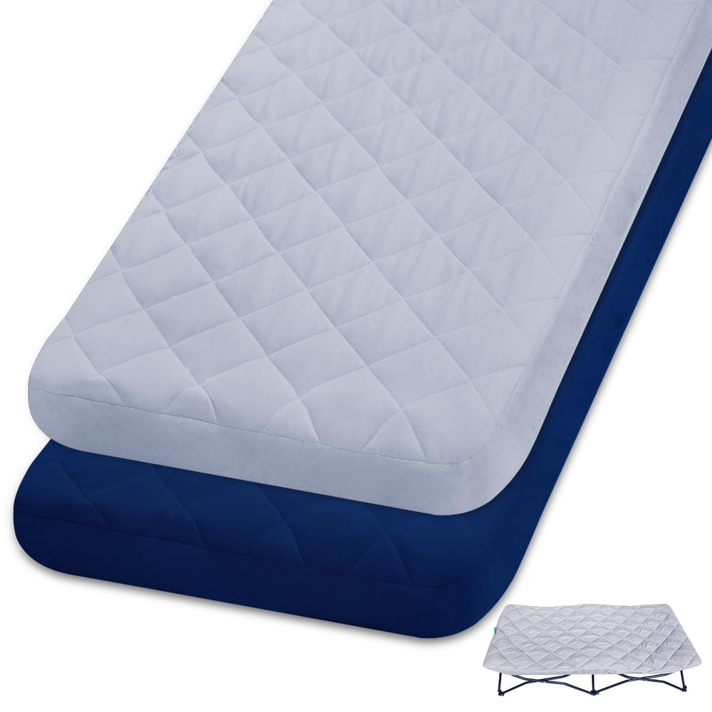 Biloban 2-pack sheet for Regalo My Cot with quilted surface and secure elastic fit.