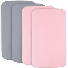 Biloban 4-pack fitted pack-and-play sheets show elastic band surround for snug fit and smooth surface