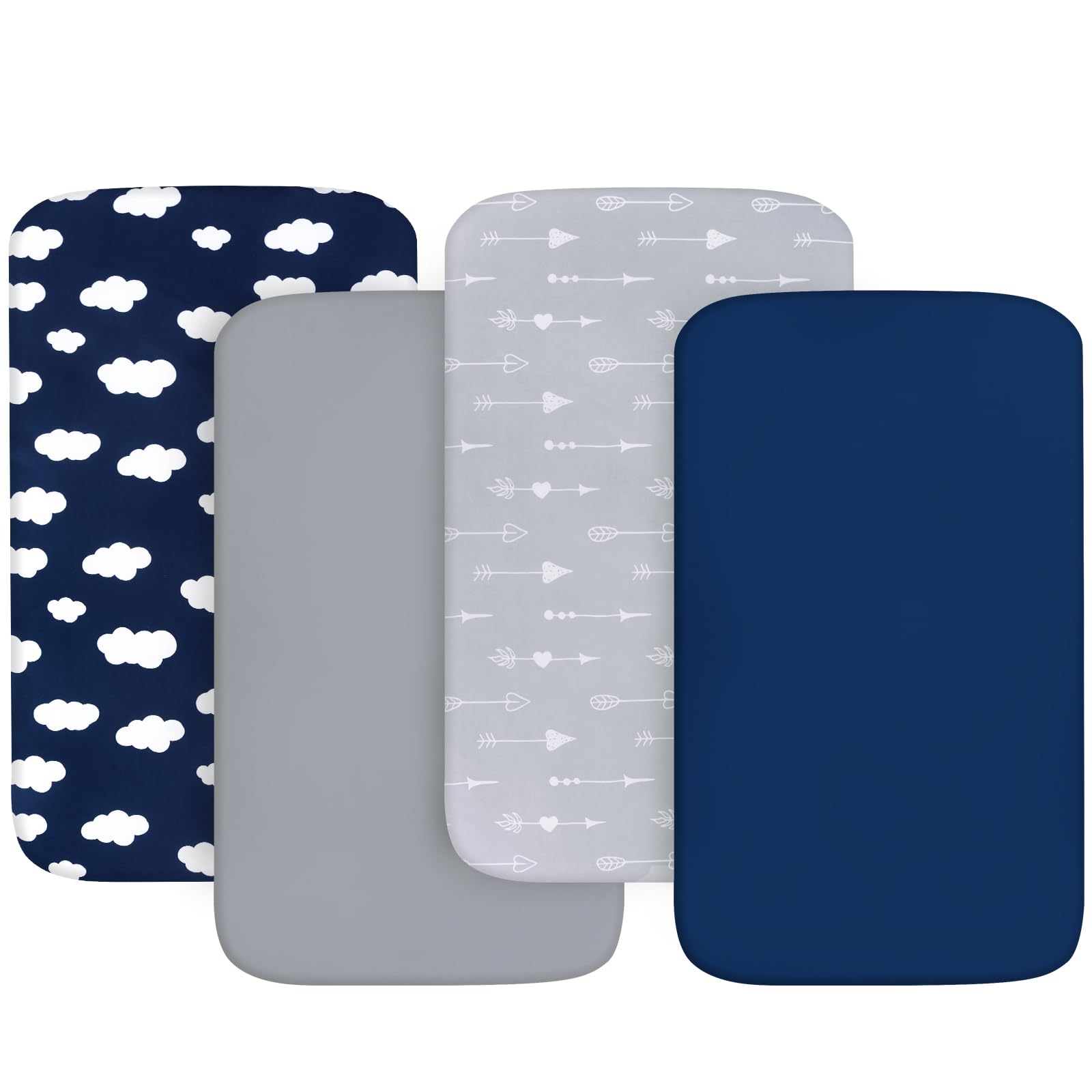 Biloban 4-pack fitted pack and play sheets folded in grey and navy for easy storage.