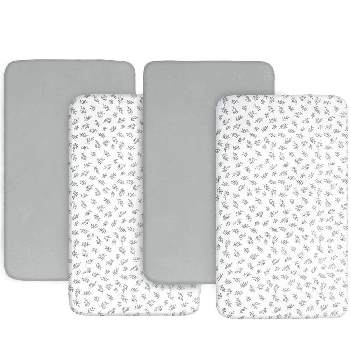 Biloban baby bassinet sheets in gray and white highlight edge-encased fit for secure, all-night use.