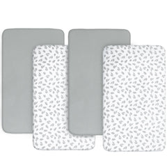 Biloban baby bassinet sheets in gray and white highlight edge-encased fit for secure, all-night use.