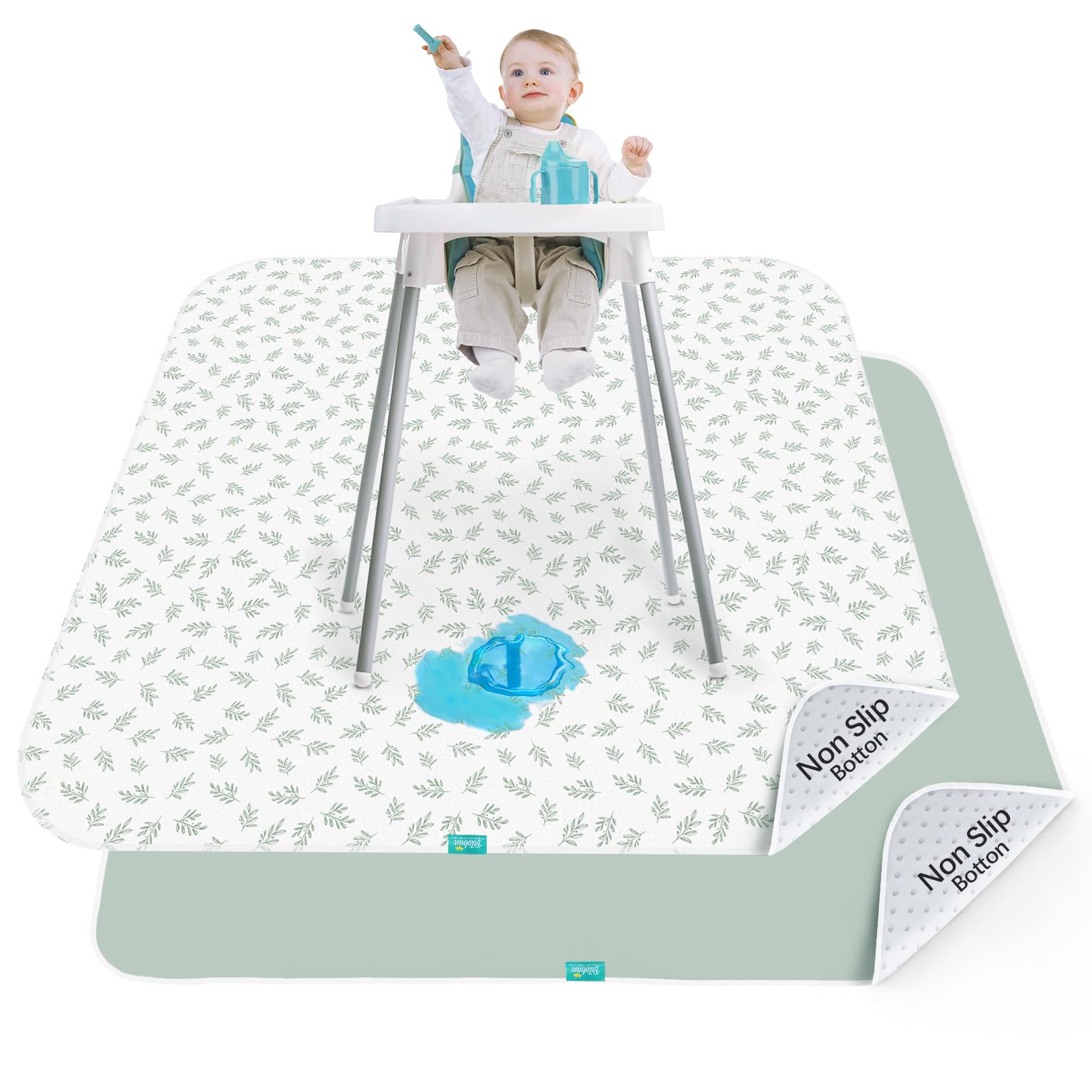 Biloban baby splat mat under high chair keeps floors clean during meals.