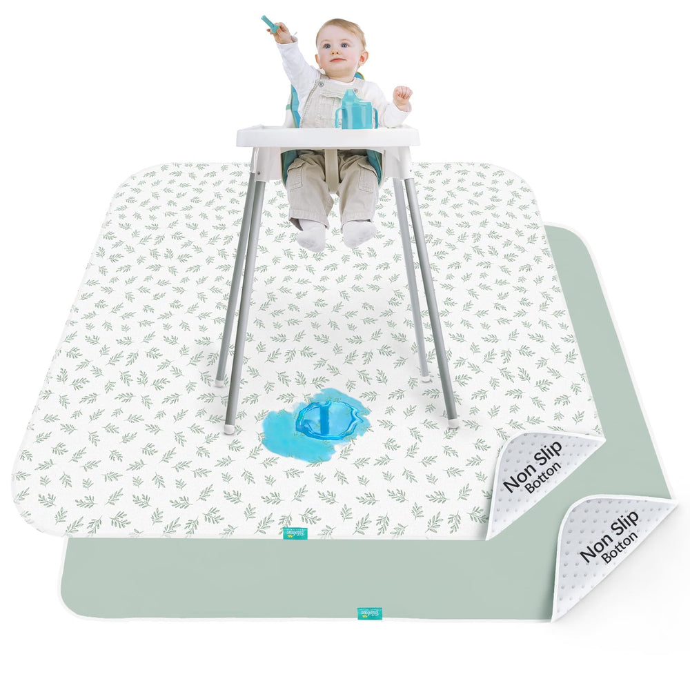 Biloban baby splat mat under high chair keeps floors clean during meals.