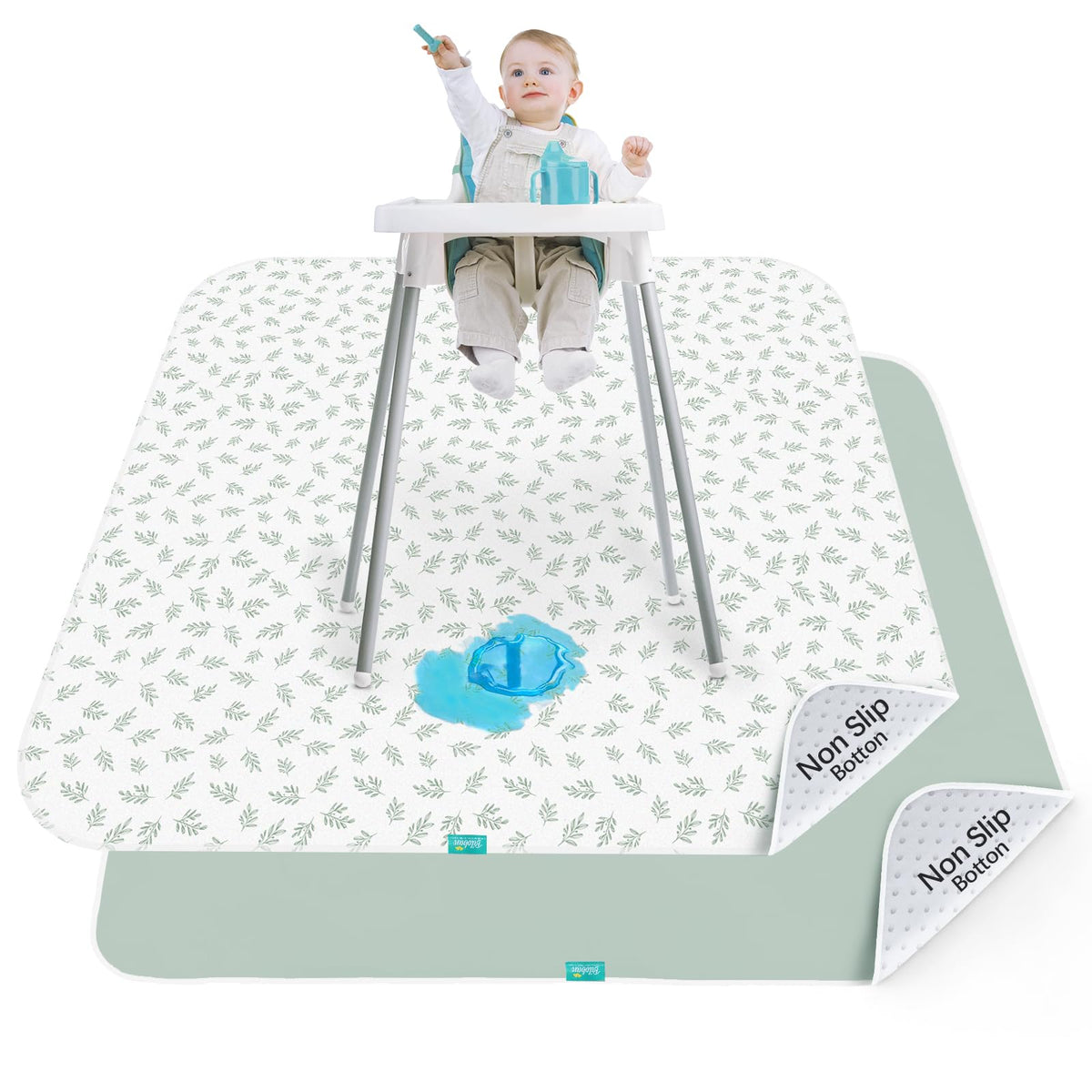 Biloban baby splat mat under high chair keeps floors clean during meals.