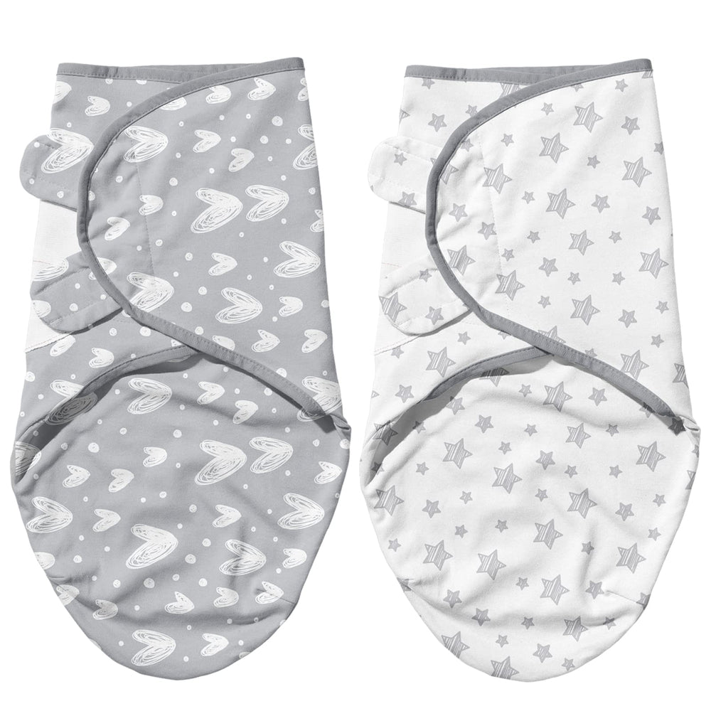 Biloban swaddle for 0-3 months with grey hearts and stars design.