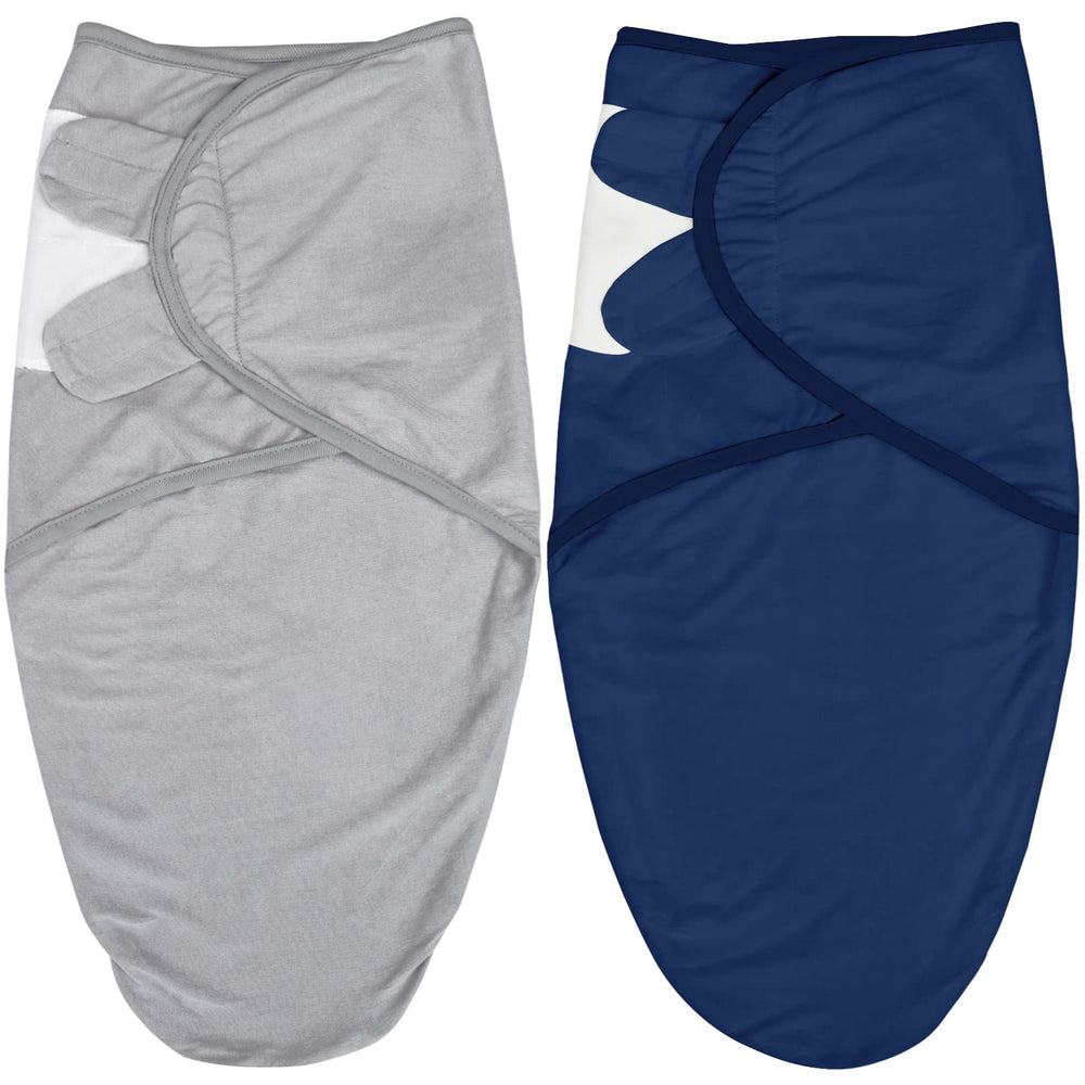 Biloban baby swaddles twin-pack in grey and navy for secure sleep and easy care.