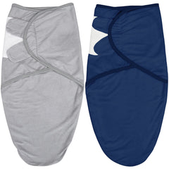 Biloban baby swaddles twin-pack in grey and navy for secure sleep and easy care.