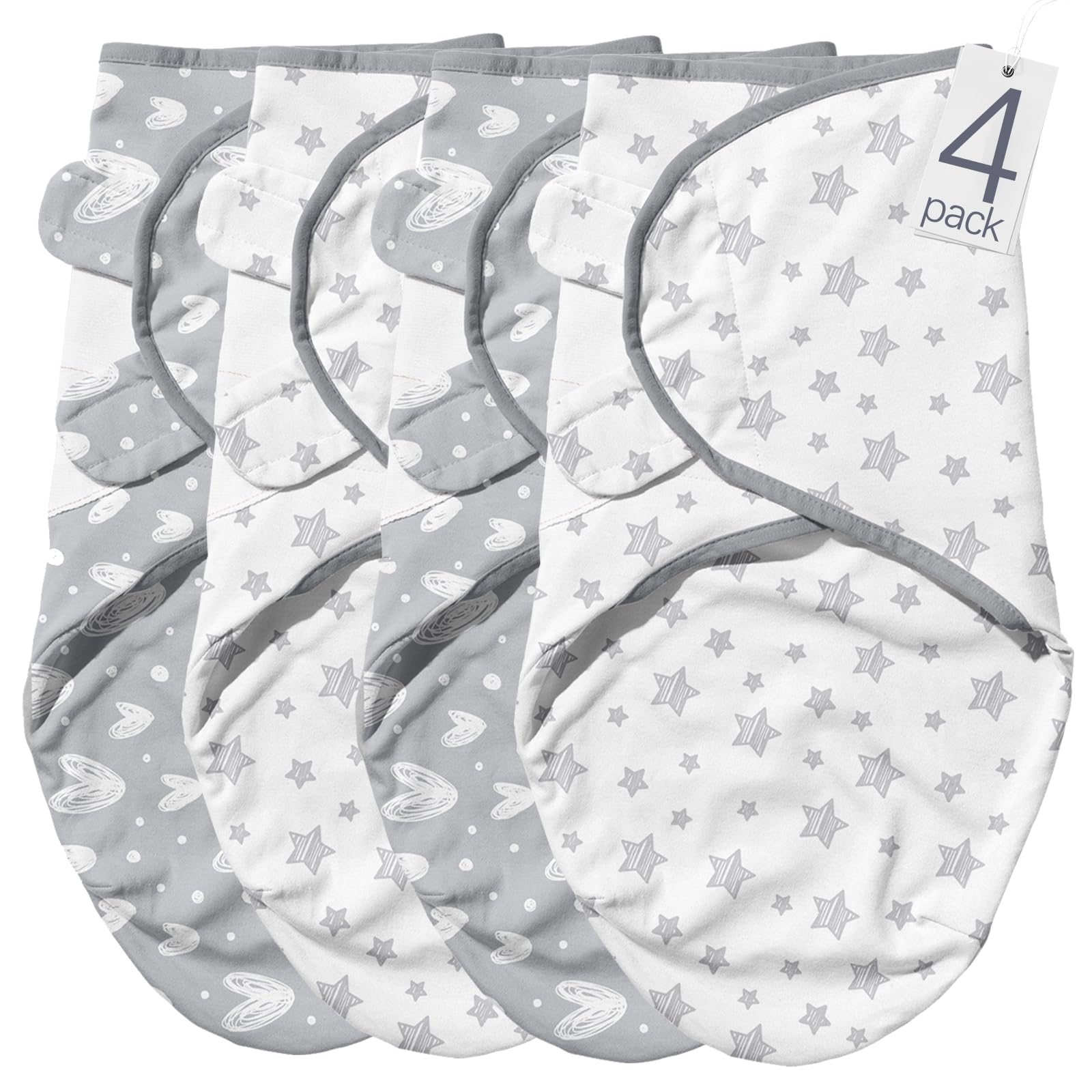Biloban baby swaddles grey-heart-stars print close-up demonstrates soft breathable cotton for newborn comfort.