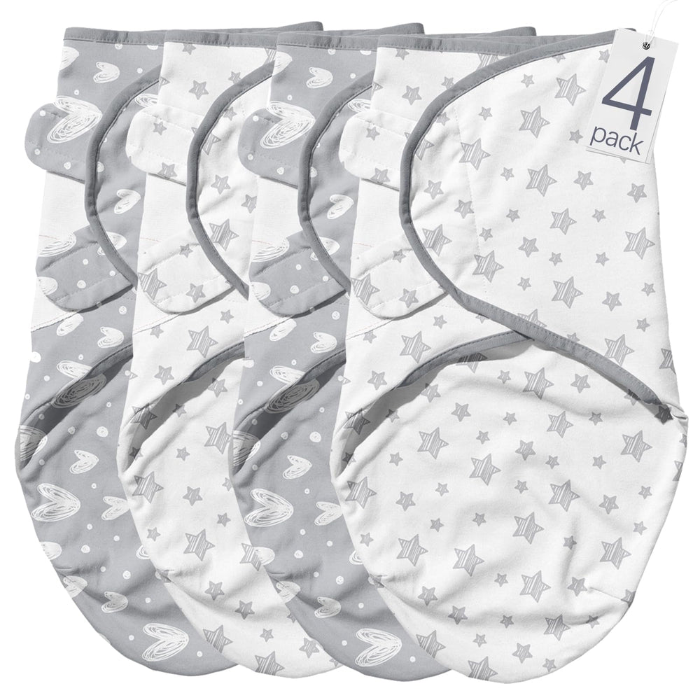 Biloban baby swaddles grey-heart-stars print close-up demonstrates soft breathable cotton for newborn comfort.