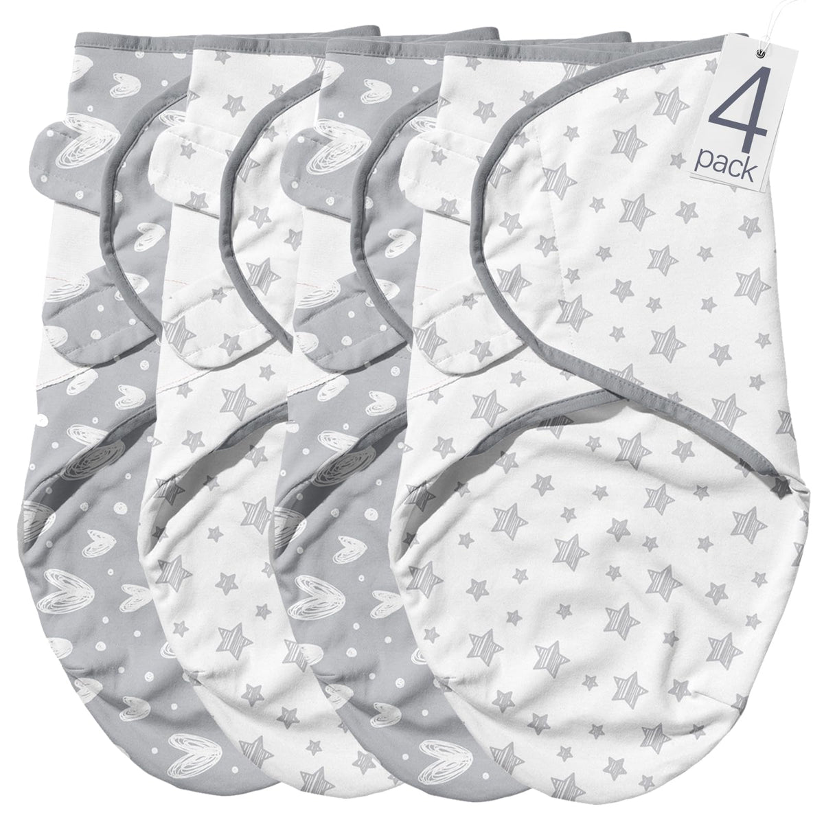 Biloban baby swaddles grey-heart-stars print close-up demonstrates soft breathable cotton for newborn comfort.