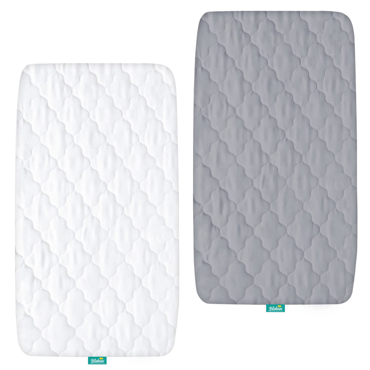 Biloban bassinet mattress pad cover close-up shows quick-fit elastic edge for easy mounting