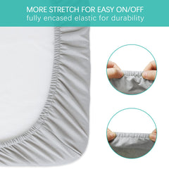 Biloban bassinet sheet gray packaging highlights a 2-pack, easy care for busy parents