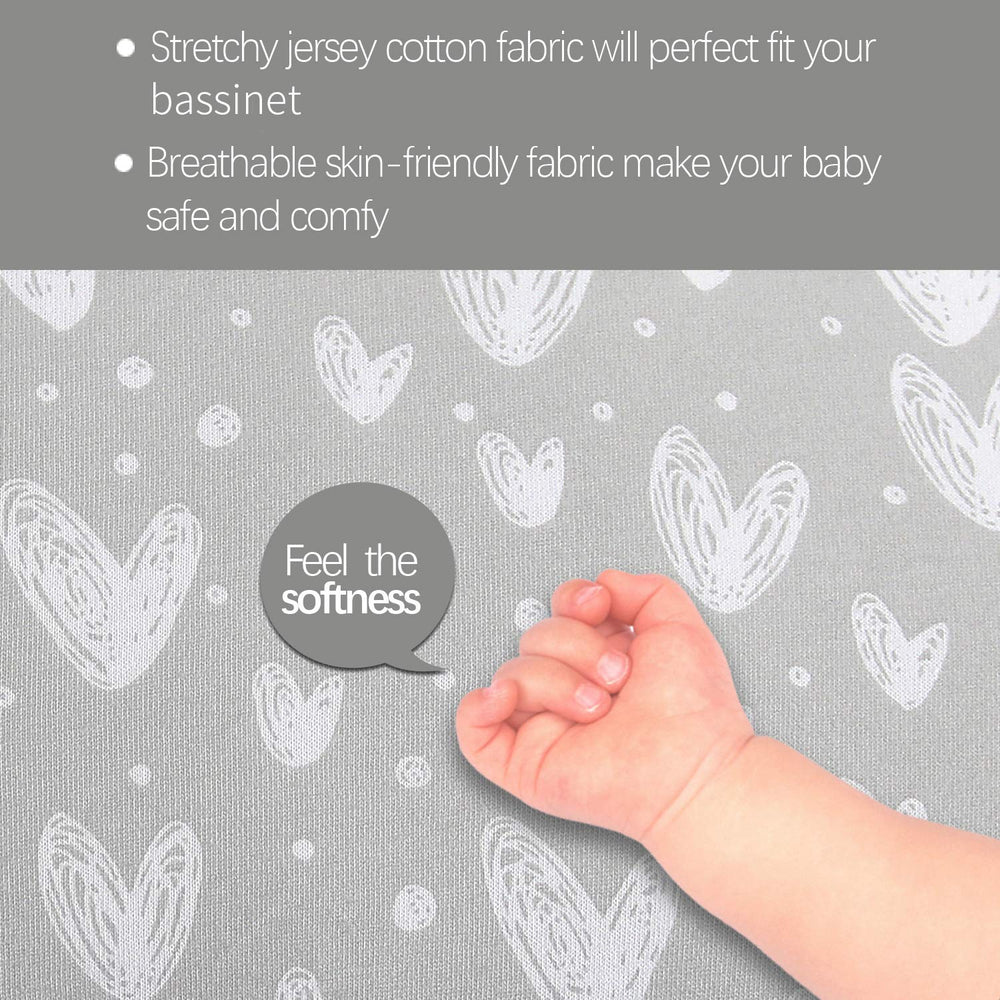Biloban bassinet sheets 100-percent cotton jersey for breathable baby comfort.