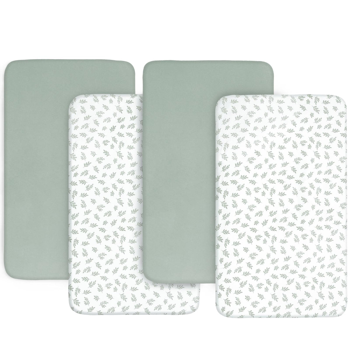 Biloban bassinet sheets 4-pack on display with neutral colors and fit