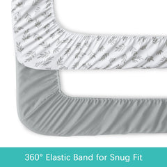 Biloban elastic bottom-edge fit image demonstrates secure hold on bassinet mattresses.