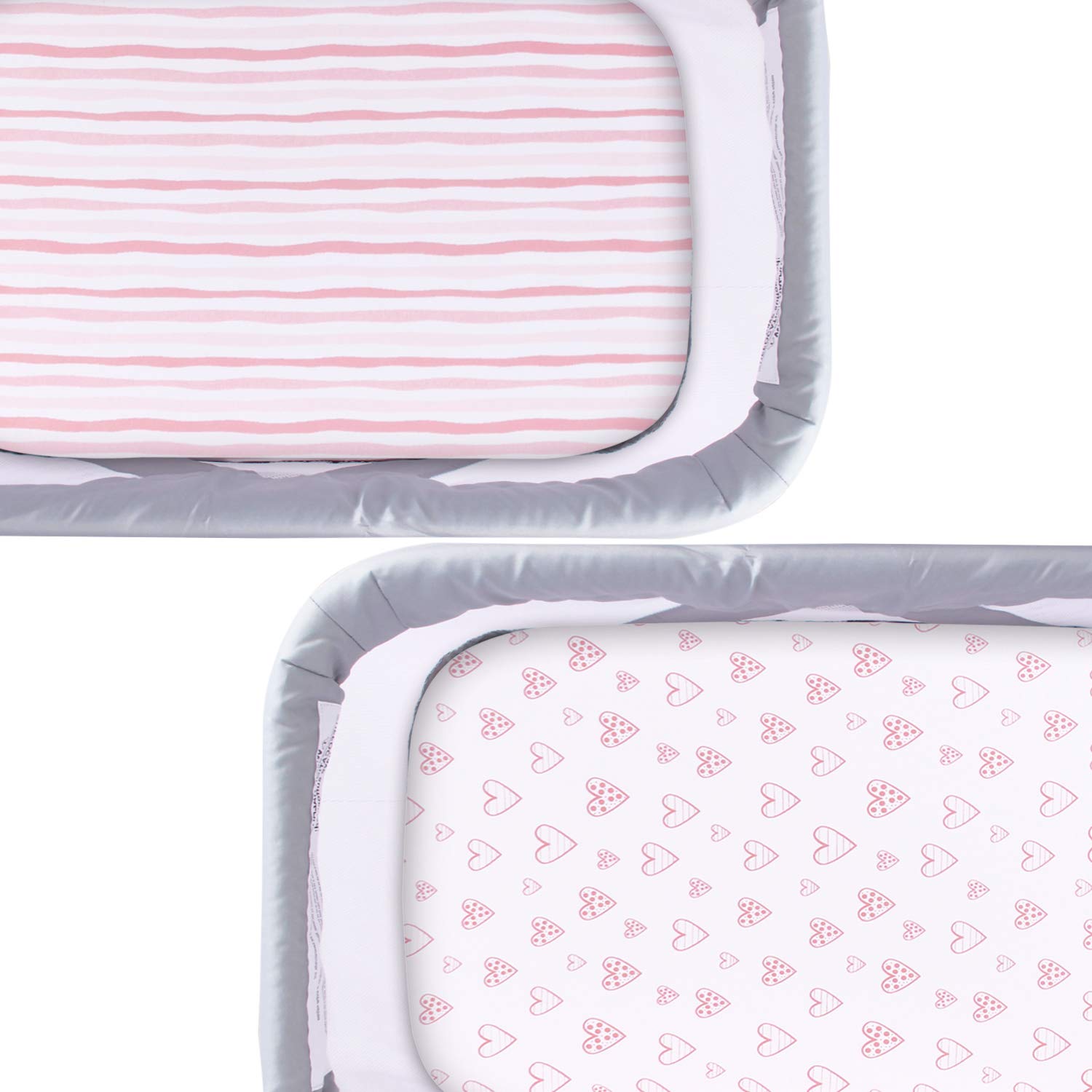 Pink hearts print Biloban bassinet sheet adds cute charm with skin-friendly softness.