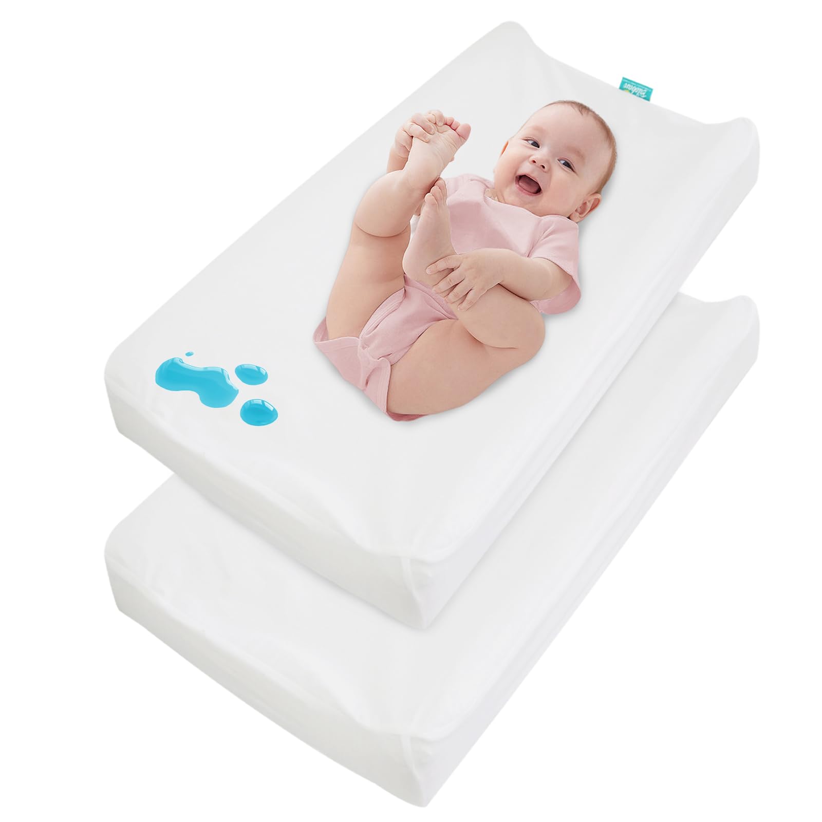 Biloban changing pad cover closeup in white shows waterproof fabric and soft texture.