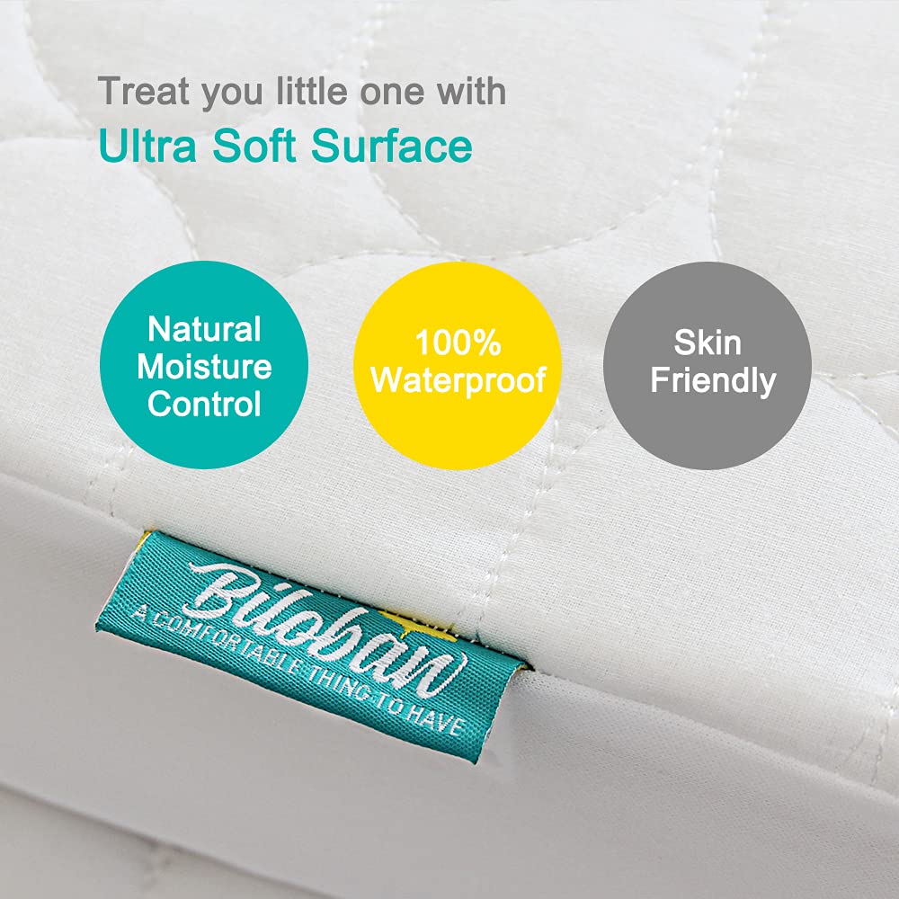 Protector snugly fitted to a standard crib mattress illustrates secure, stay-in-place design.