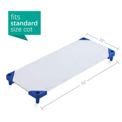 Biloban cot sheet with elastic straps ensures secure fit on standard cots.
