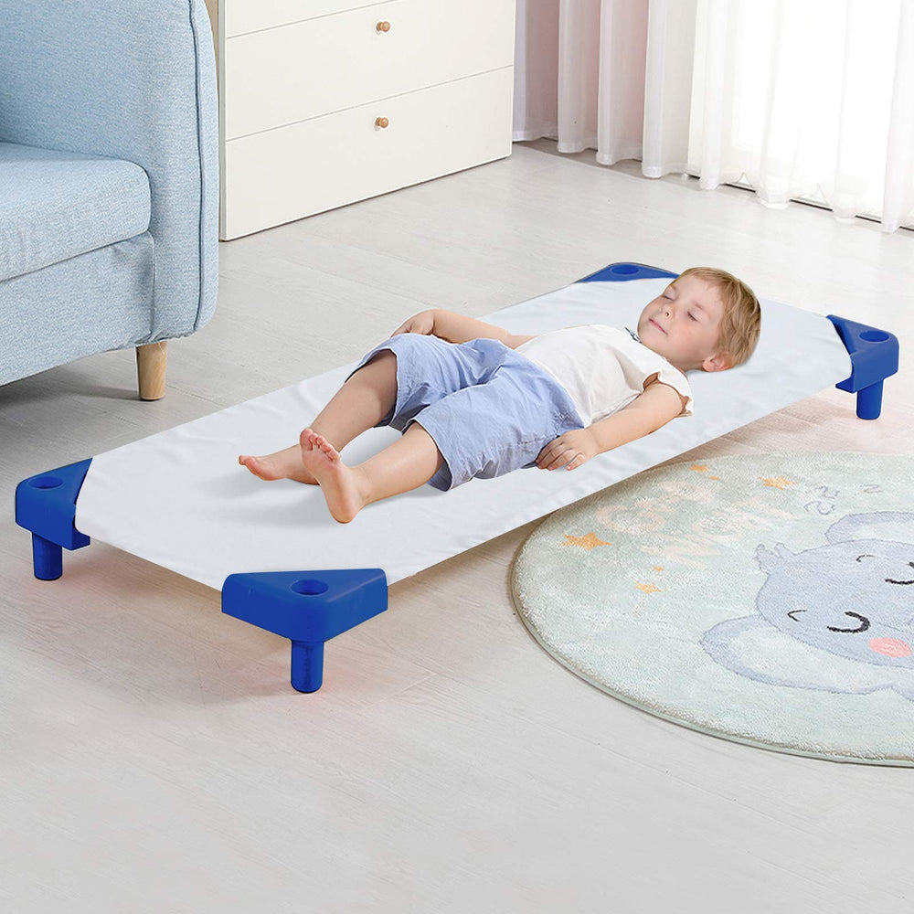 Biloban cot sheet 23x51, white folded, compact preschool nap setup.