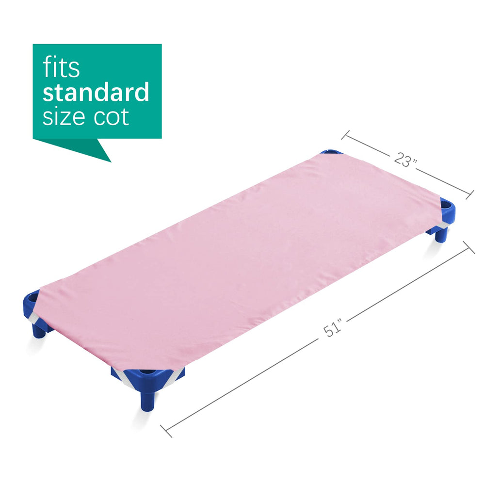 Biloban cot sheet with widened elastic straps keeps sheets in place.