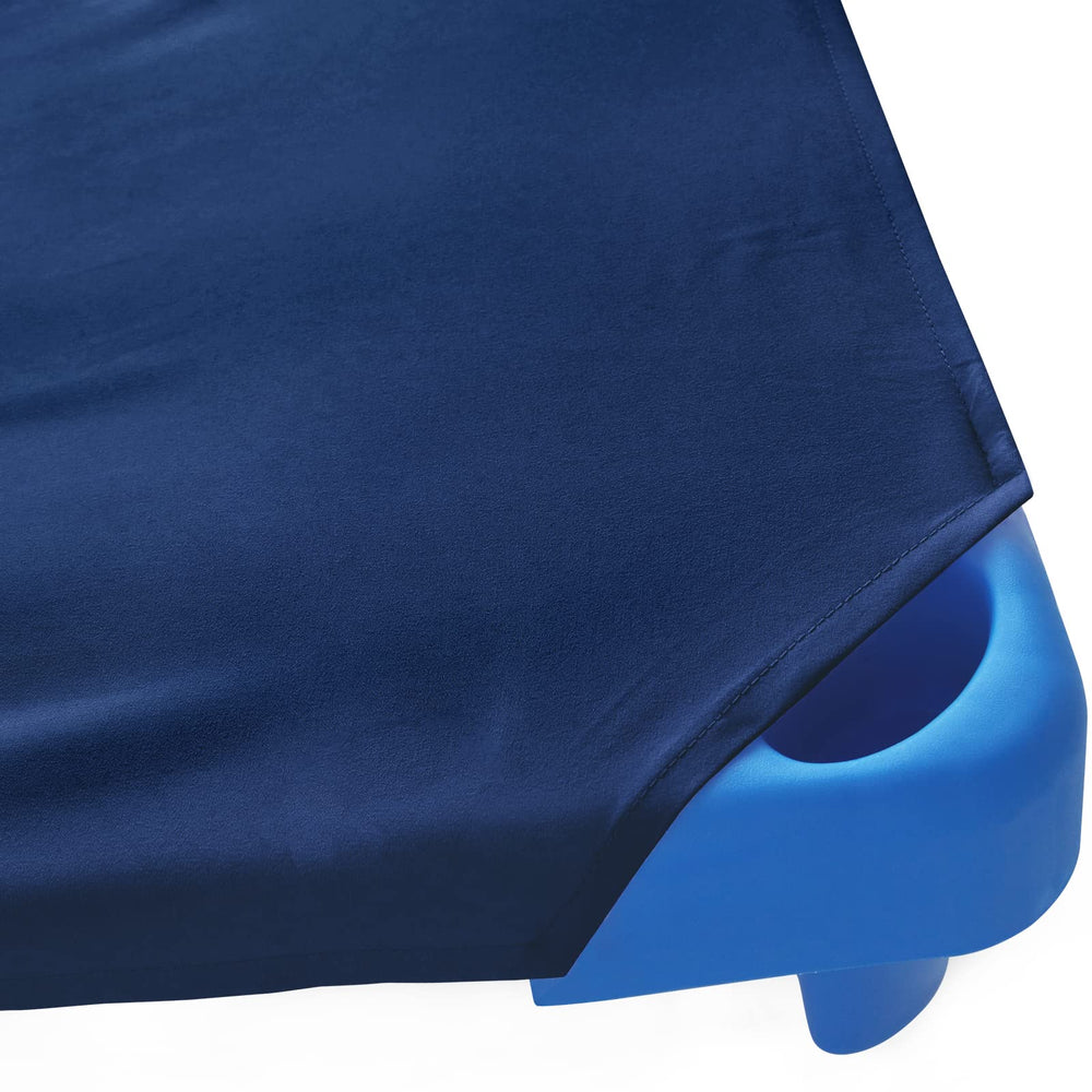 Biloban cot sheet navy care instruction graphic demonstrating machine wash and tumble dry