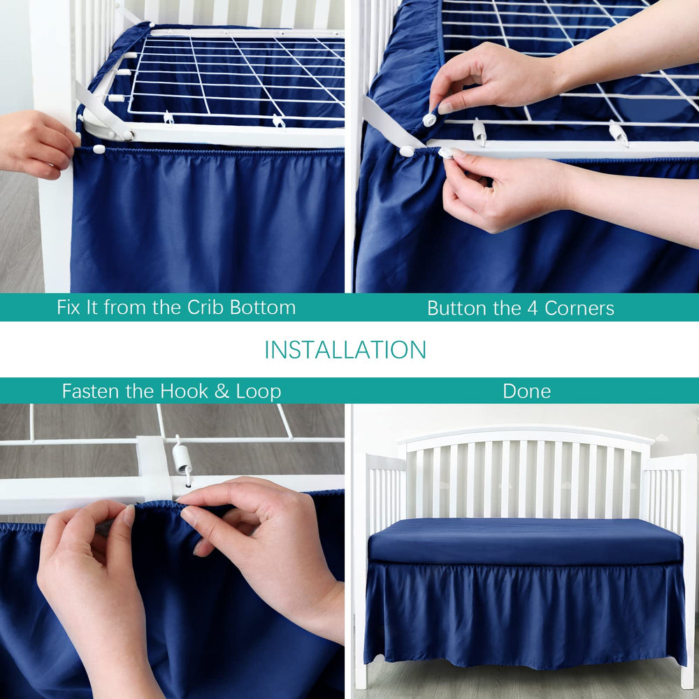 Biloban navy crib skirt close-up shows soft microfiber texture