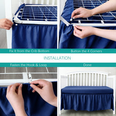 Biloban navy crib skirt close-up shows soft microfiber texture