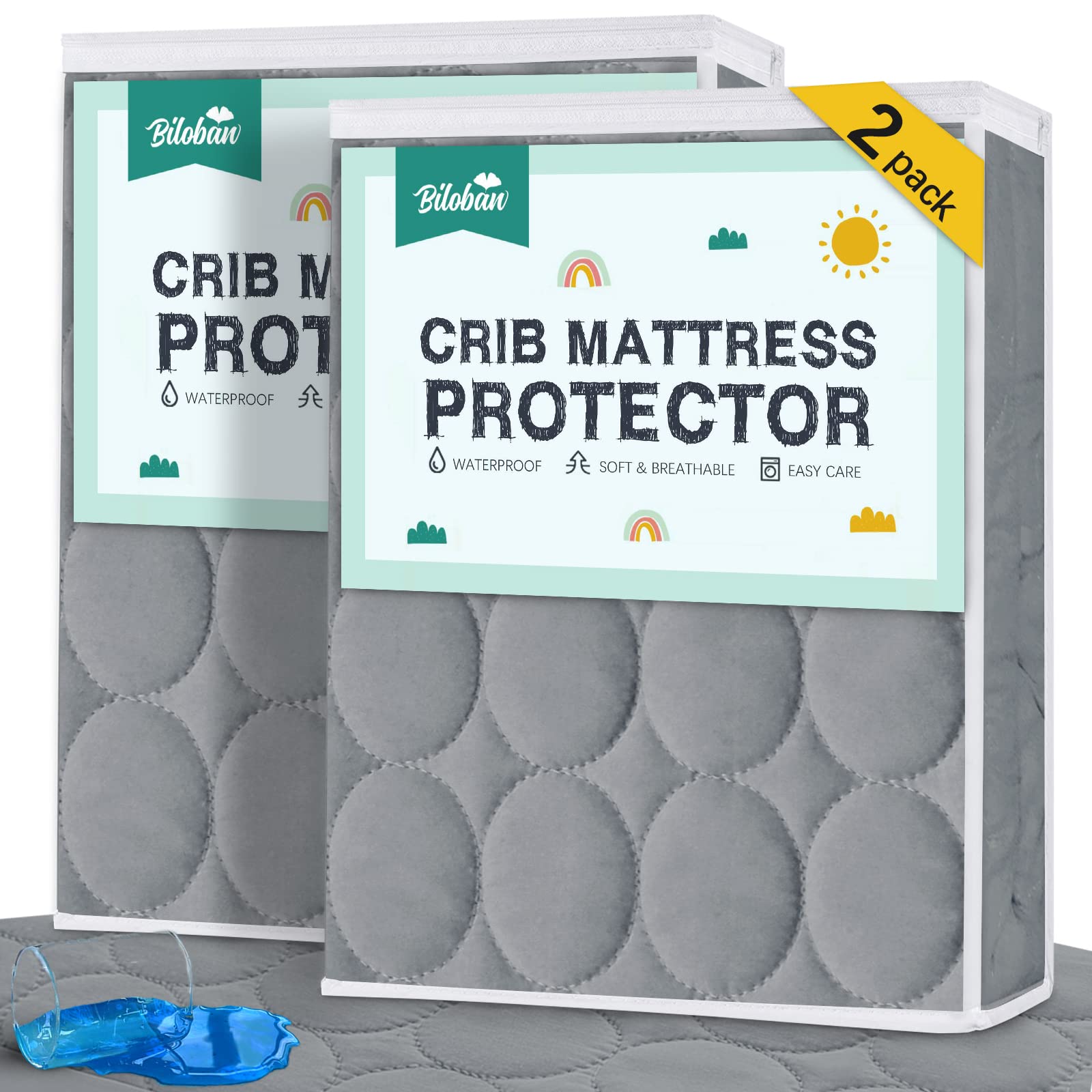 Biloban crib mattress protector closeup showing reinforced edges for a snug, durable fit.