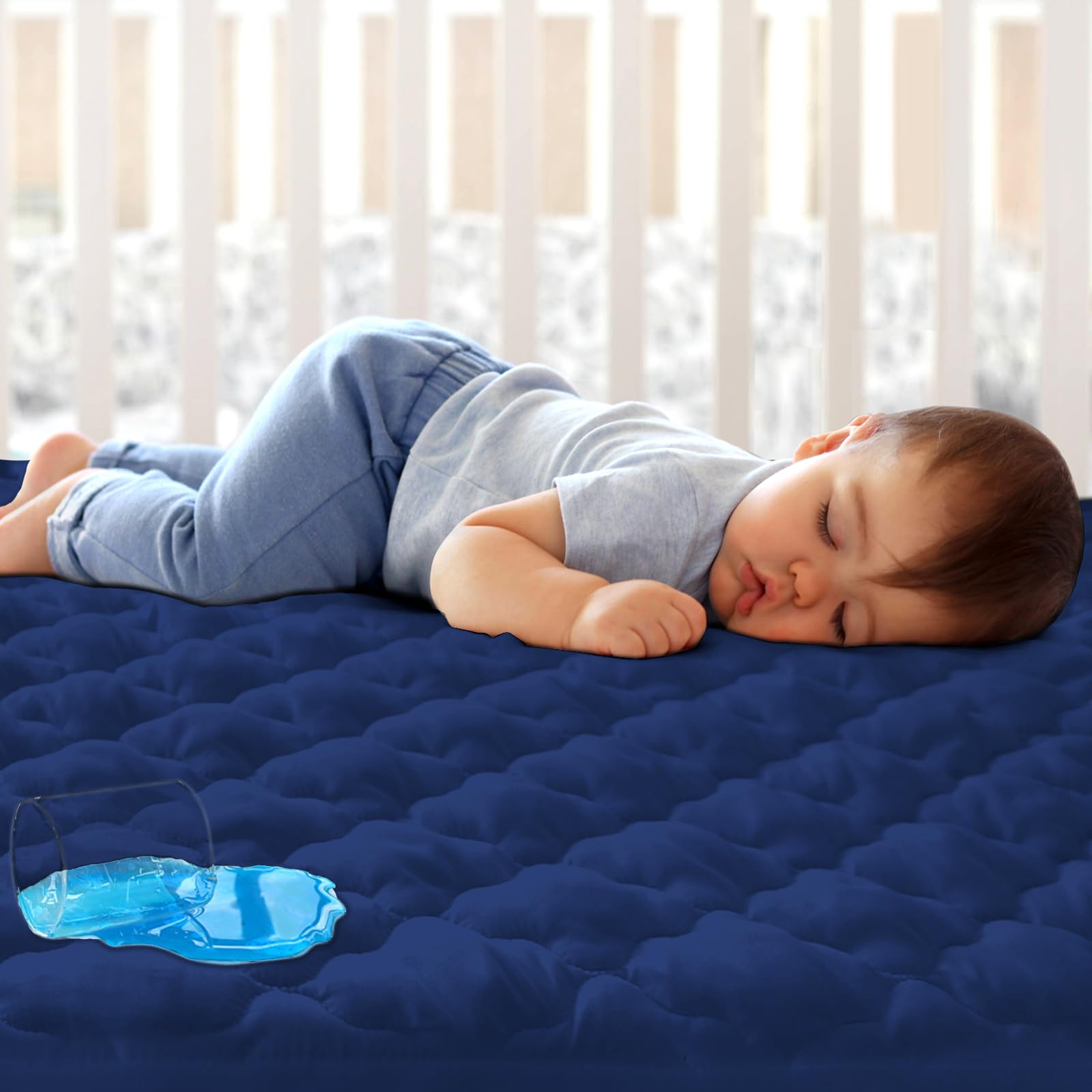 Biloban crib mattress protector navy cover with snug fit helps guard against spills and stains.
