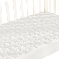 Biloban crib mattress protector on a standard mattress provides waterproof protection and a smooth sleeping surface.