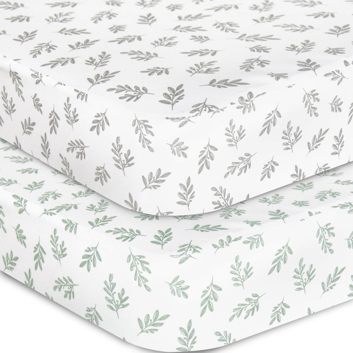 Biloban crib sheets 2-pack with neutral print for soft, safe naps.