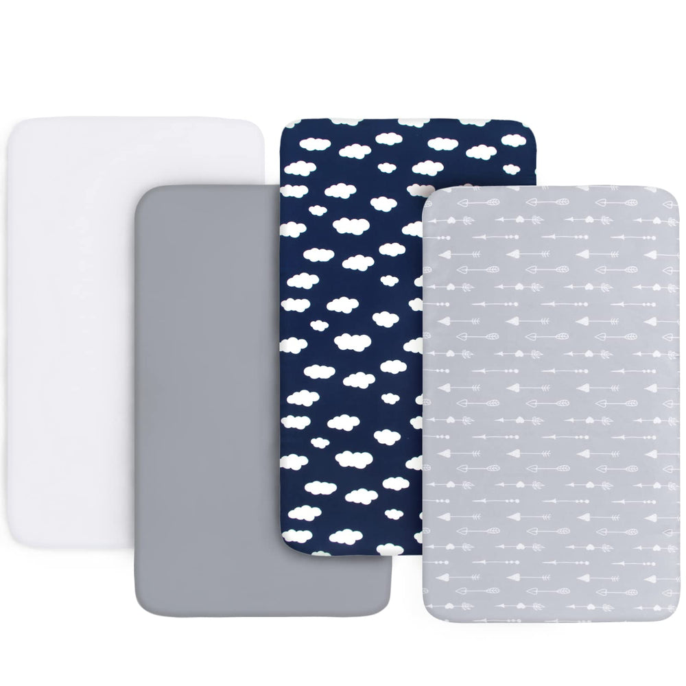 Biloban crib sheets four-pack packshot shows coordinated Grey, Navy, White colors for a soft nursery look