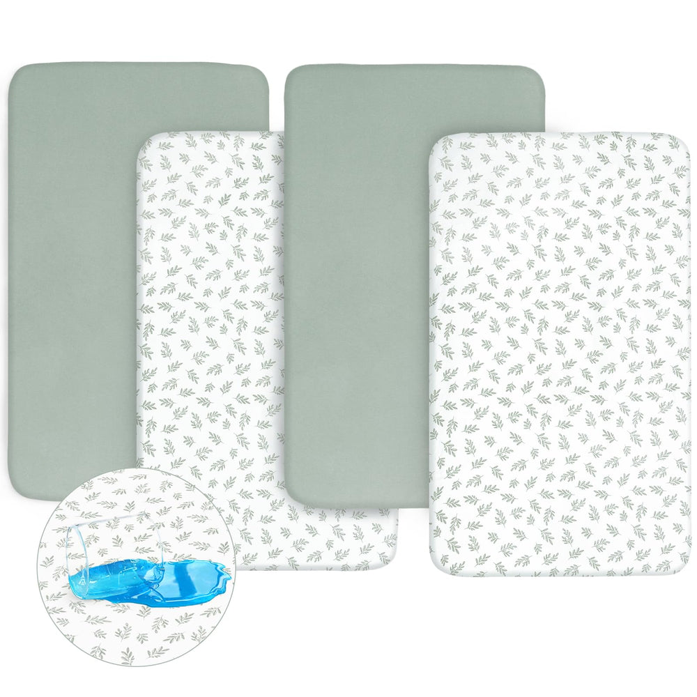 Biloban crib sheets on mattress showing 52x28 size and secure elastic