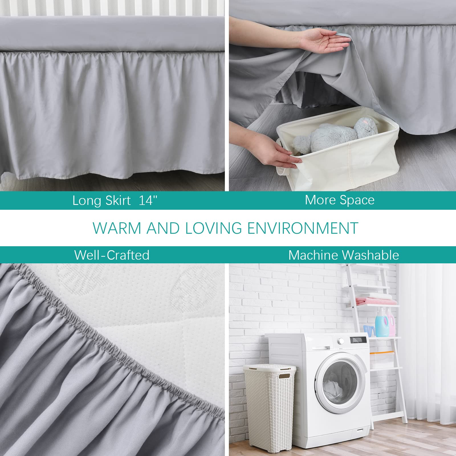 Biloban grey crib skirt under-bed view emphasizes hidden storage-friendly look
