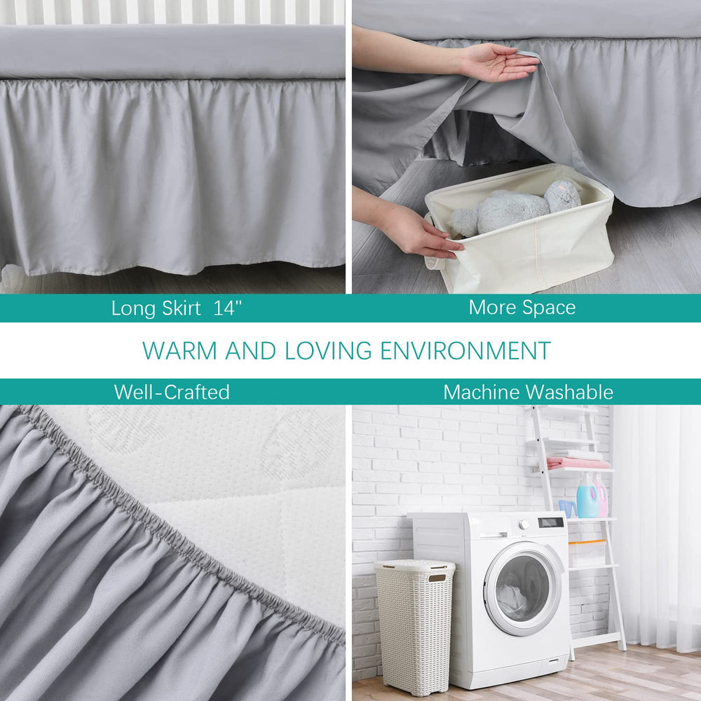 Biloban grey crib skirt under-bed view emphasizes hidden storage-friendly look
