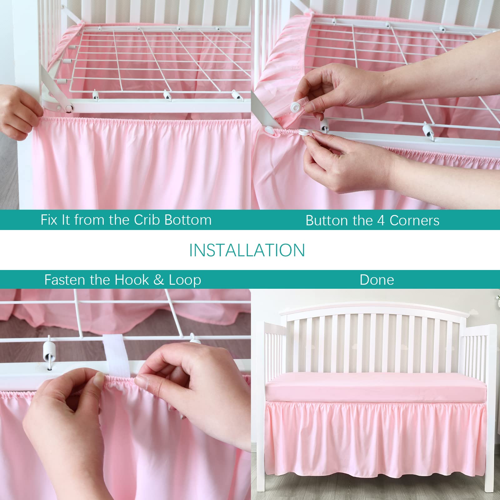 Biloban crib skirt pink closeup fabric highlights durable microfiber and anti-pilling finish