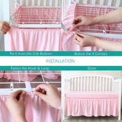 Biloban crib skirt pink closeup fabric highlights durable microfiber and anti-pilling finish