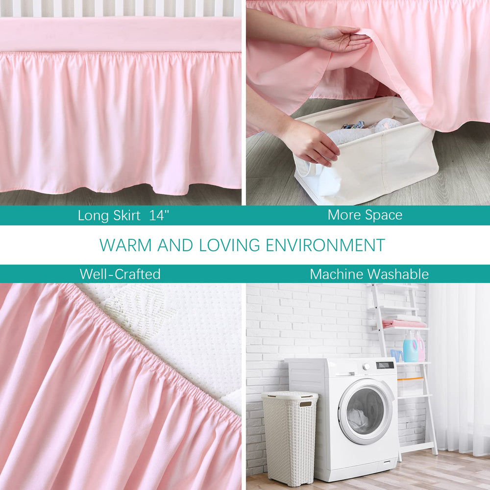 Biloban crib skirt pink pleated on-crib shows full surround coverage with four sides