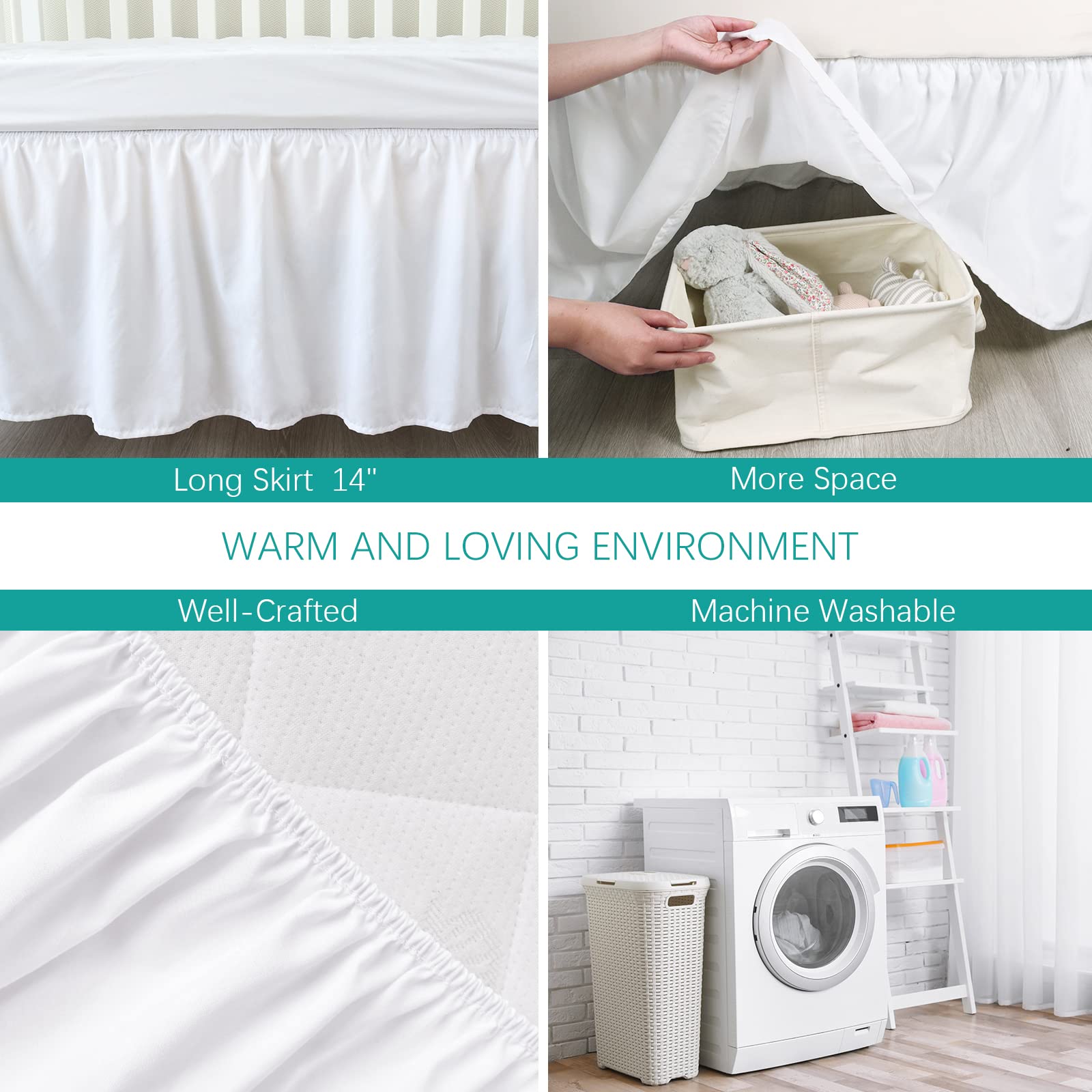 Biloban soft-m microfiber crib skirt enhances nursery aesthetics with durable fabric.