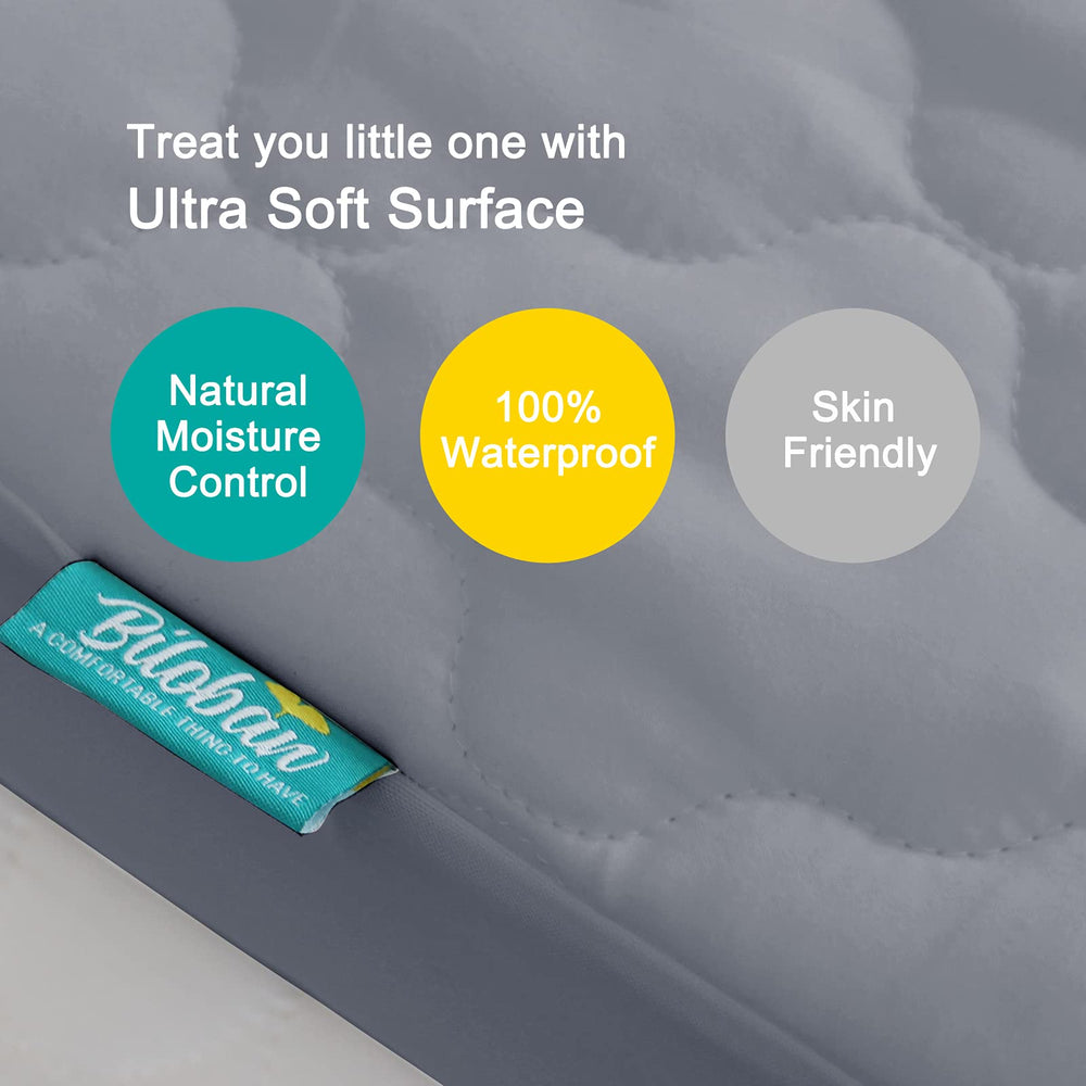Biloban deep skirt with elastic fit secures the protector on standard 52x28 cribs.