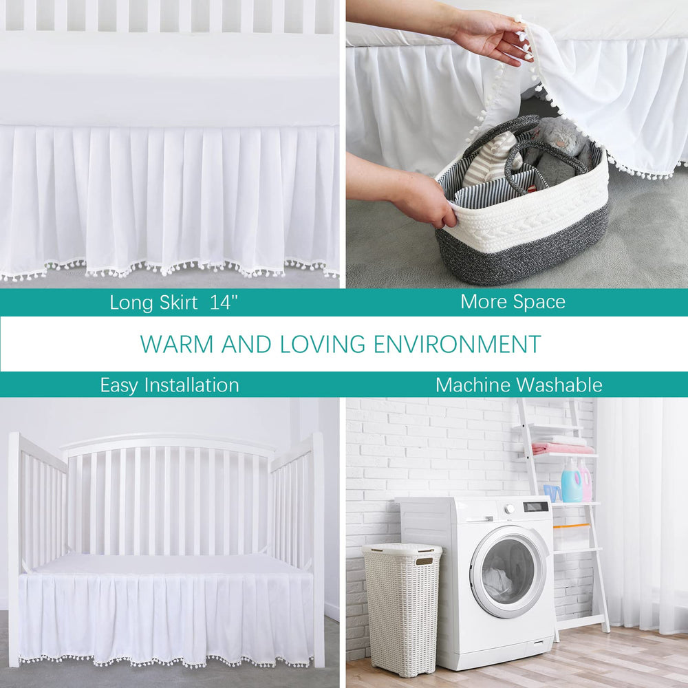 Biloban dust ruffle crib skirt keeps bedding neatly tucked and floor clean.