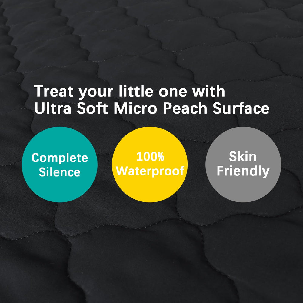 Biloban fitted playard sheet showing elasticized skirt, secure fit for Graco and Dream On Me mattresses.