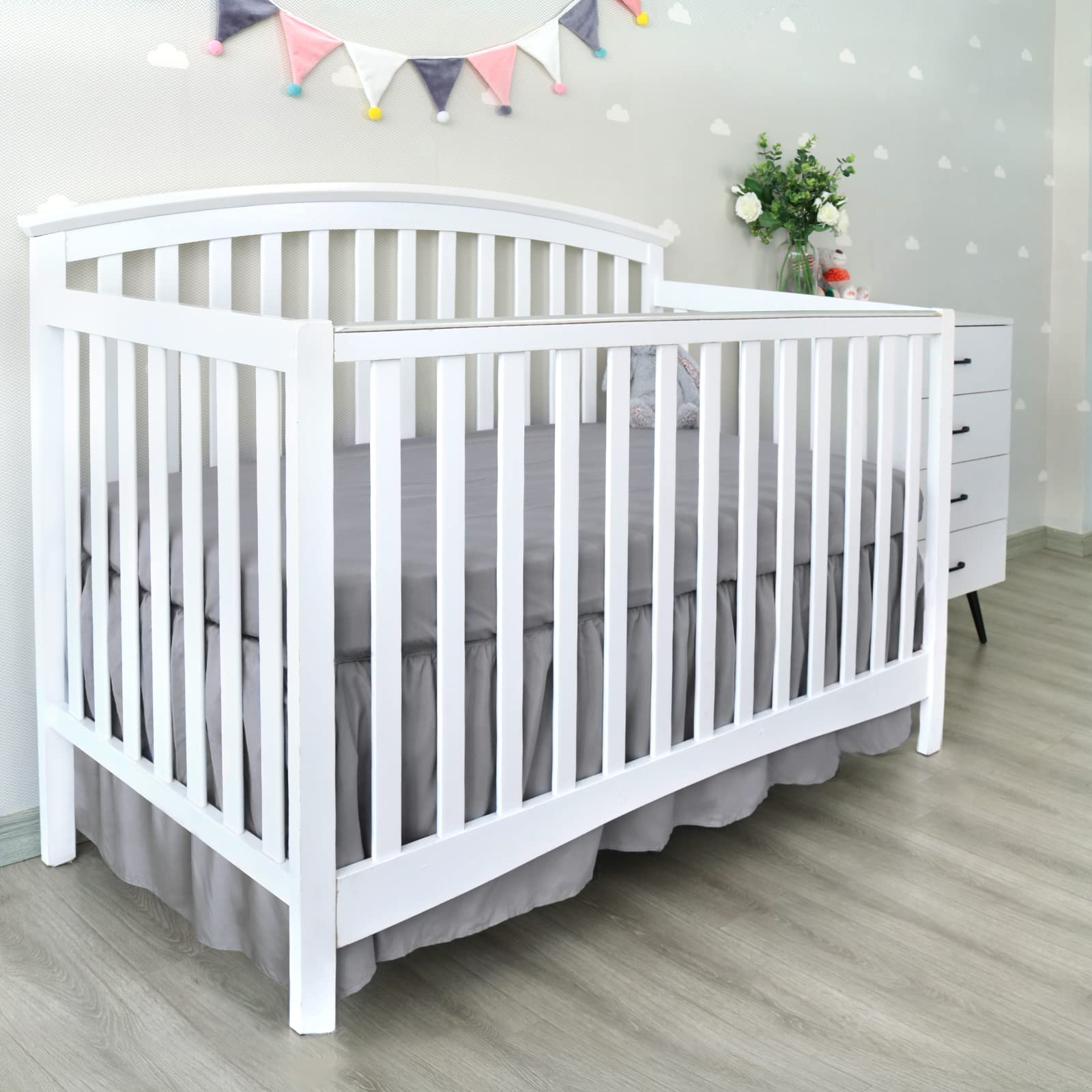 Biloban grey crib skirt fits standard crib with four corner buttons
