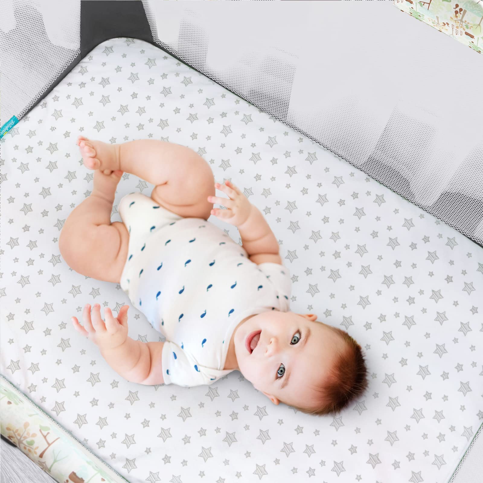 Biloban machine-washable pack n play sheet shown for easy cleaning.