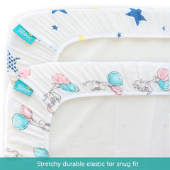 Biloban muslin bassinet sheets showing full elastic edge for easy on/off