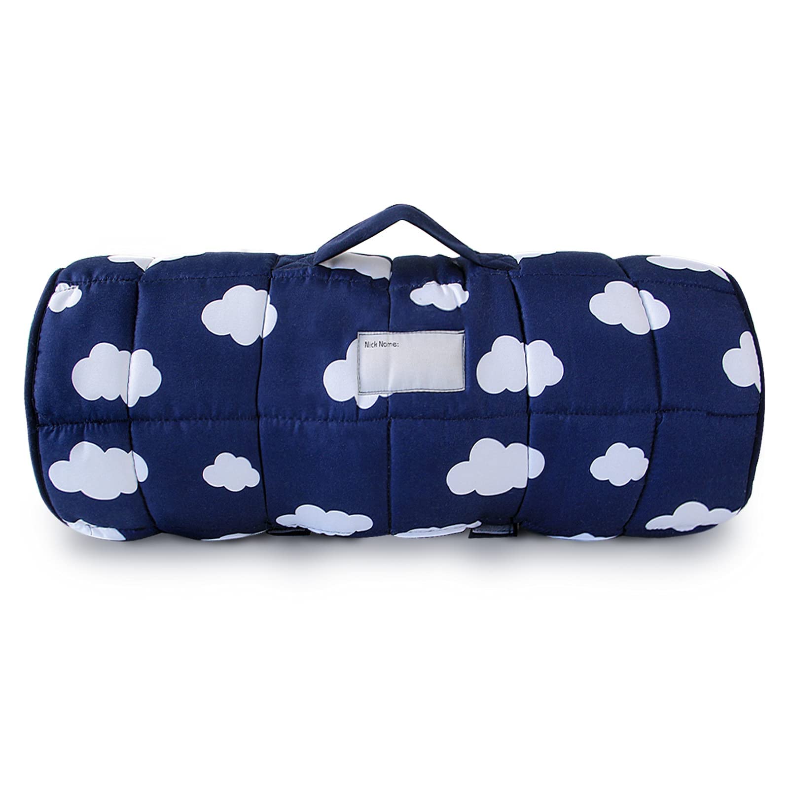 Biloban nap mat dark blue carrying handle for travel convenience.