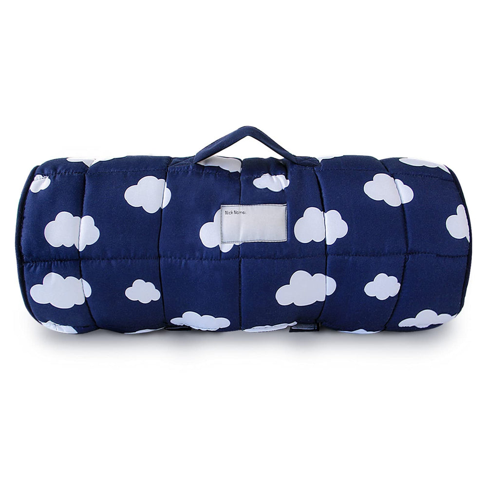 Biloban nap mat dark blue carrying handle for travel convenience.